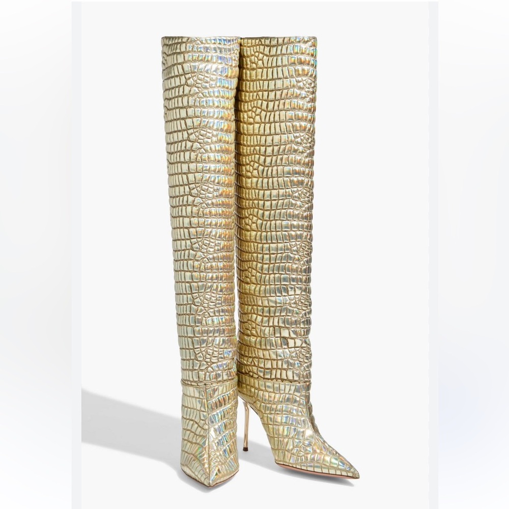 Aquazurra Boreal Metallic Gold Croc-Embossed Over-The-Knee
Boots - size 37.5 EUC